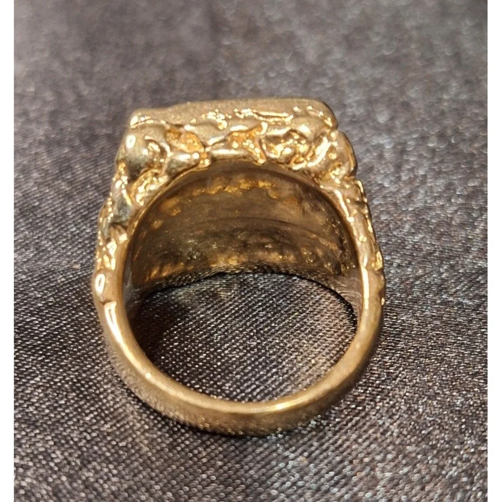 Mens Gold Tone Nugget Signet Ring Black Onyx Style Stone Rhinestones Size 9
